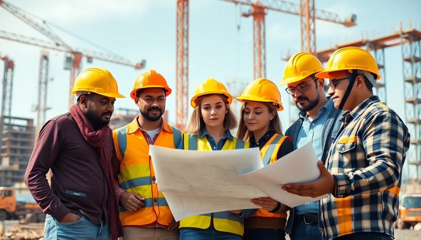 Construction association professionals collaborating on a vibrant building site.