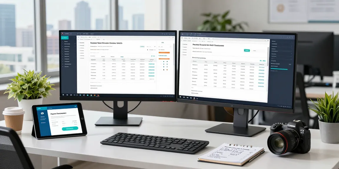 Tech analyst using software to detect fraud invoice in a modern workspace.