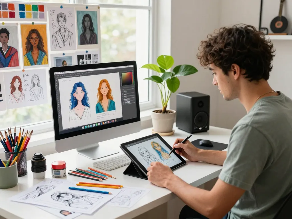 Artist generating image to prompt in a bright, creative workspace with colorful art supplies and digital tools.