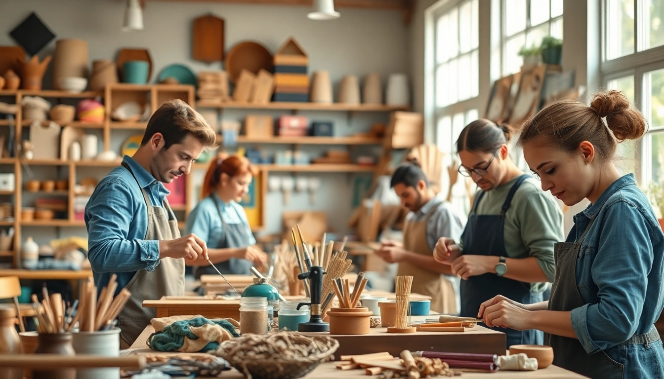 Craft training programs showcasing artisans engaged in hands-on projects in a vibrant workshop.