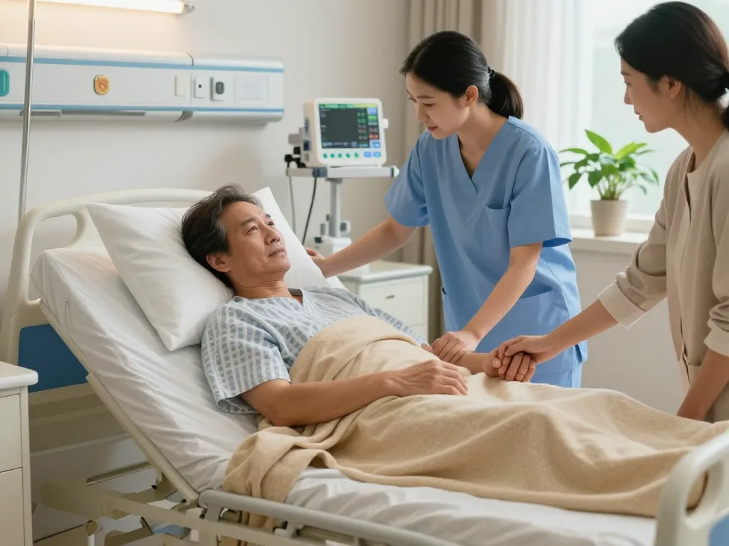 Patient in a comfortable giường bệnh nhân with caregiver adjusting the bed in a warm hospital room.