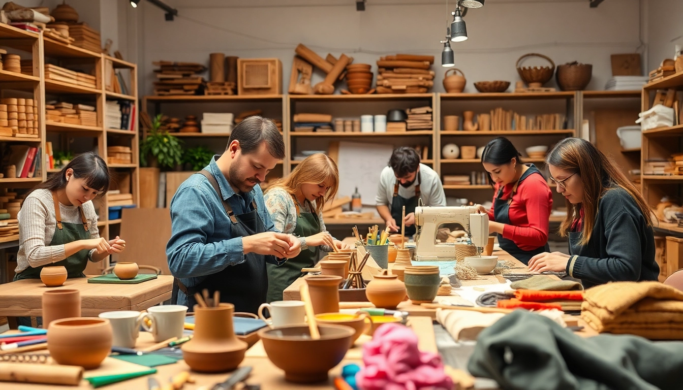 Engaging craft training programs showcasing artisans creating unique projects in a modern workshop.