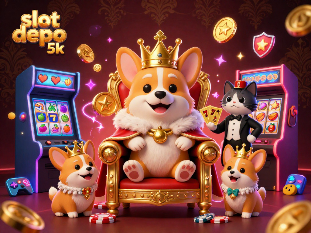 Experience the excitement of slot depo 5k with a royal corgi and a cat butler in a vibrant casino scene.