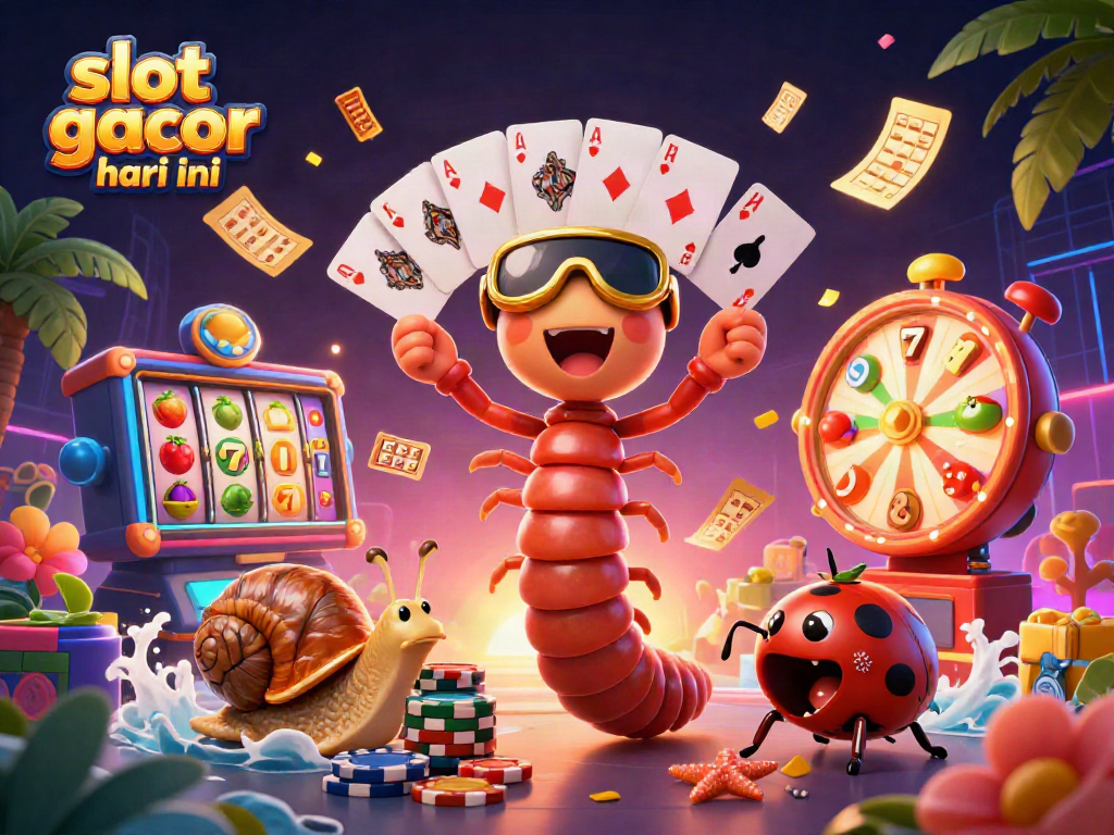 Ilustrasi interaktif dealer slot gacor hari ini dengan berbagai simbol permainan yang dinamis.