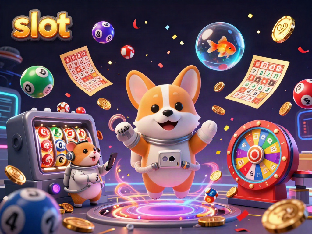 Slot dengan corgi astronot dan hamster memberi instruksi di kasino luar angkasa, dikelilingi chip dan koin emas.