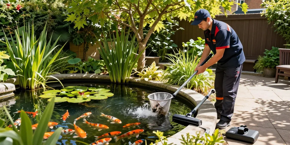 Professional Pond Cleaning London service in action, showcasing serene garden pond with koi fish.