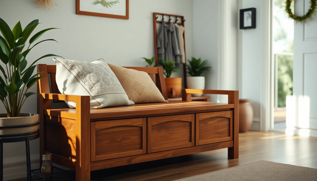 Stylish Storage Bench with decorative cushions in a cozy entryway setting.