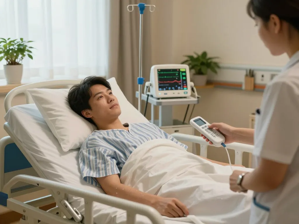 Patient resting on a giường bệnh nhân with caregiver assisting, showcasing modern healthcare comfort.