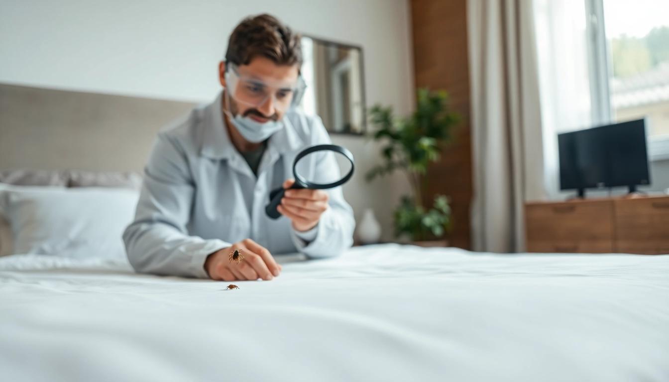 Local bed bug exterminators inspecting a bedroom for pest control solutions.