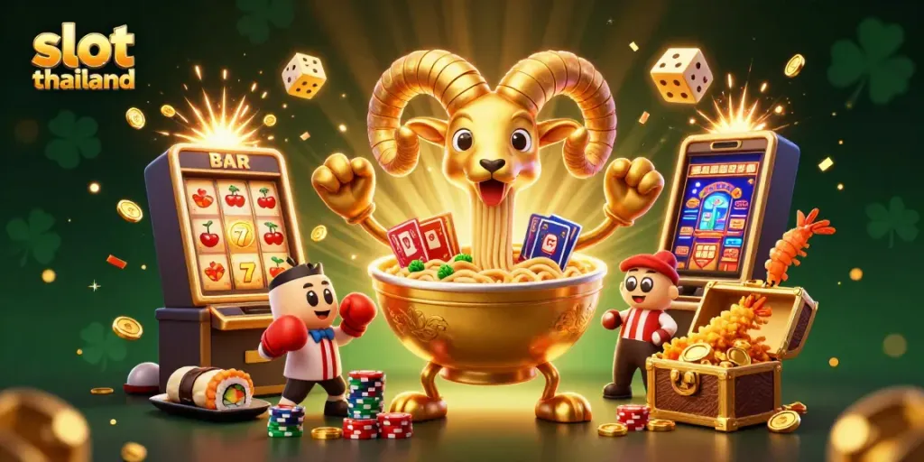 Spin to win with slot thailand in an exciting casino-themed illustration bursting with action.