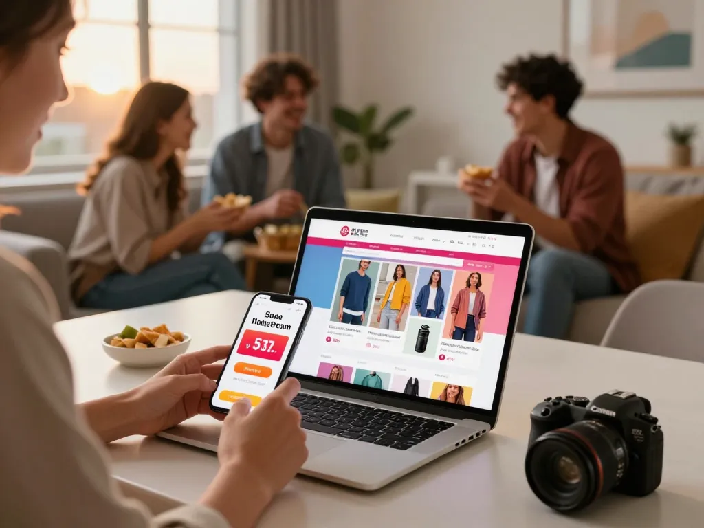 Person shopping online at hubet88com, showcasing vibrant products in a cozy environment.