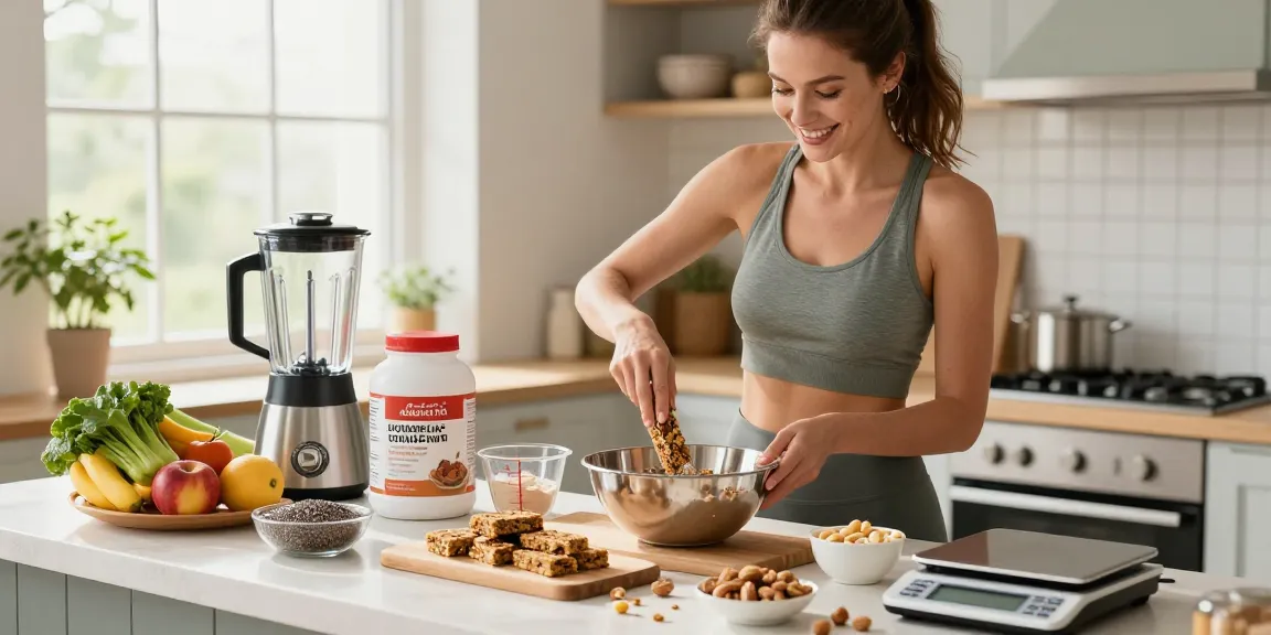 Preparing energy bars with science-backed supplements in a bright kitchen.