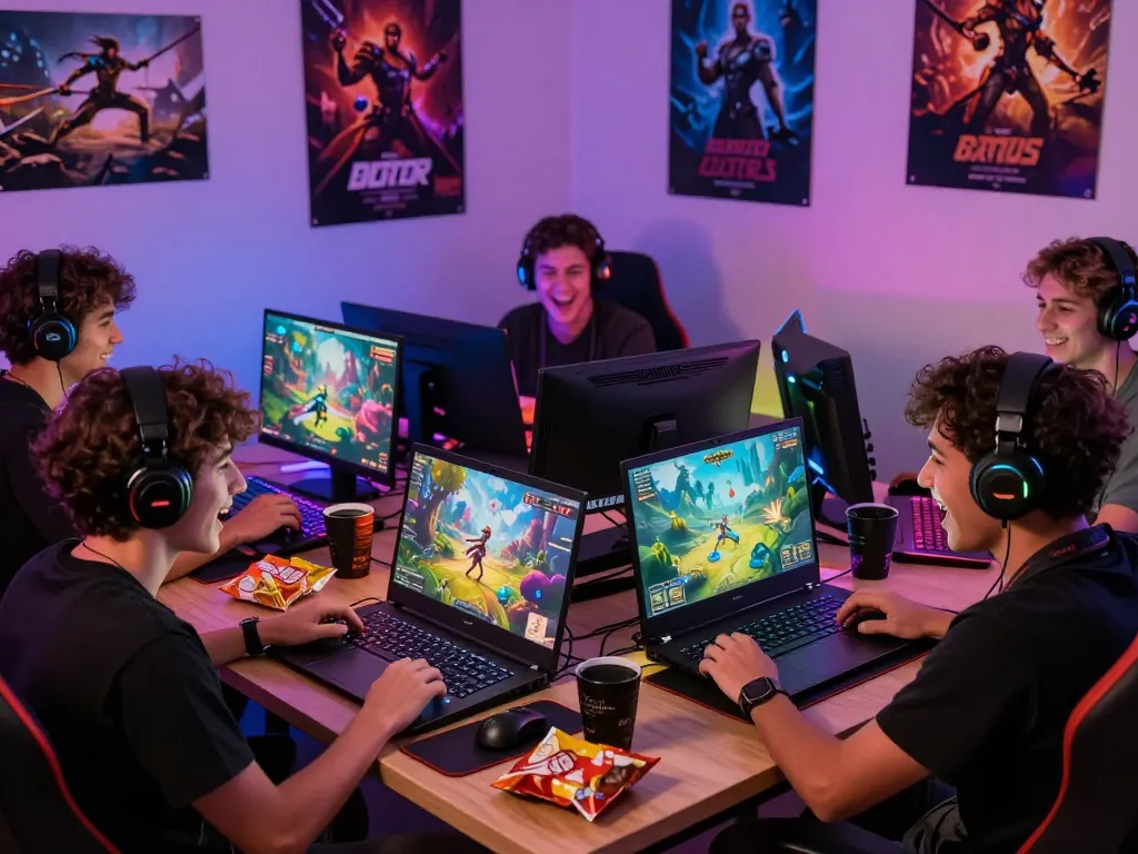 Two friends enjoying sex games online in a cozy gaming setup, vibrant graphics and atmosphere.