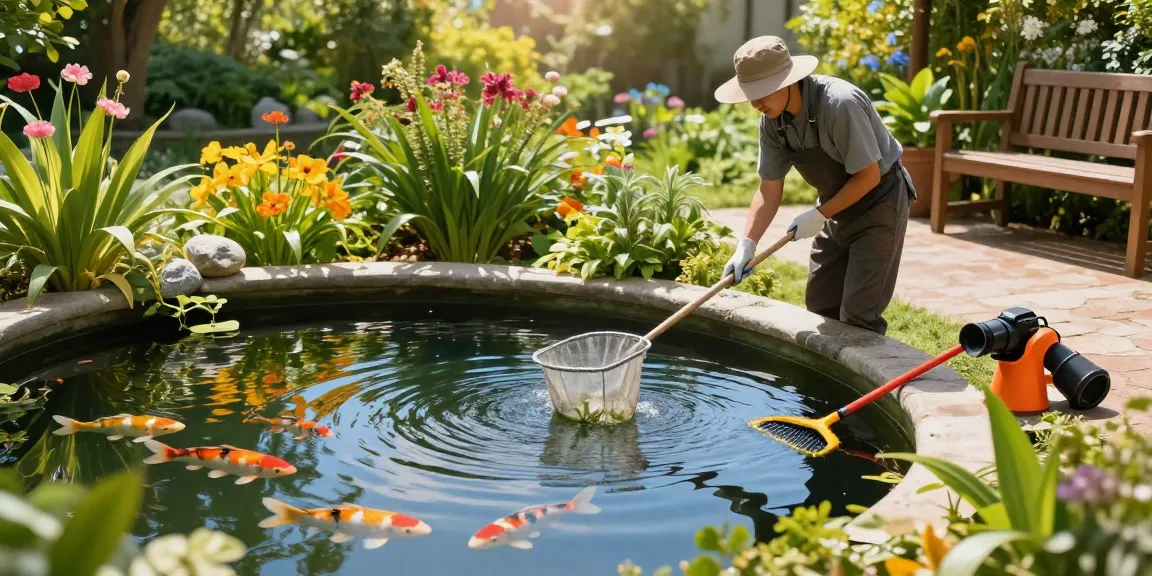 Professional Pond Cleaning London: Expert gardener cleaning a serene garden pond with vibrant aquatic life.