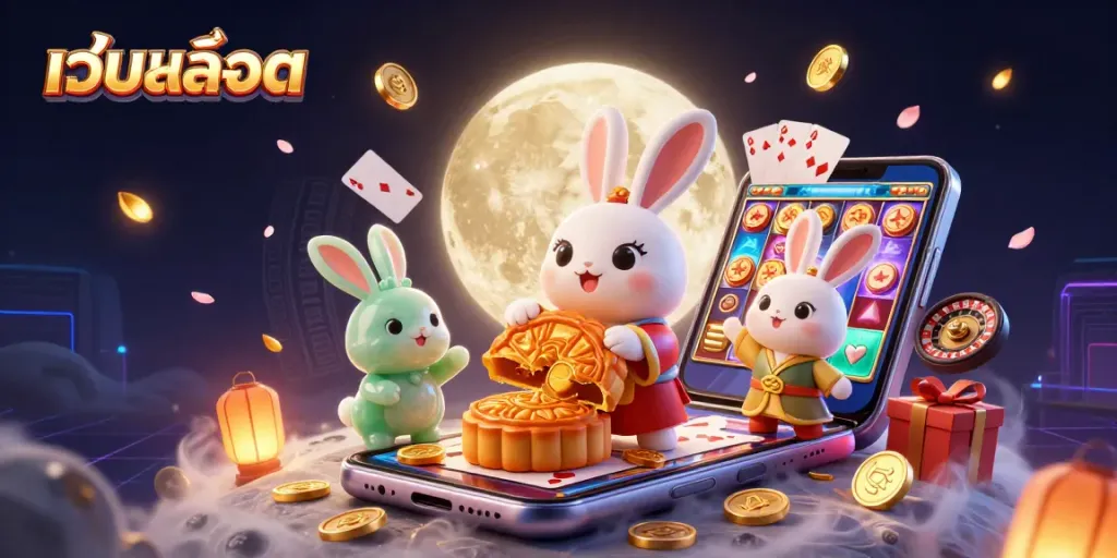 เว็บสล็อต กับกระต่ายพระจันทร์กำลังเล่นเกมพนัน ด้วยการกระจายชิปโป๊กเกอร์รอบตัว