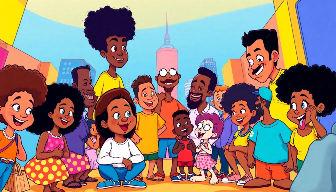 A vibrant scene showcasing iconic African American Cartoons characters interacting playfully, capturing the spirit of diversity and creativity.