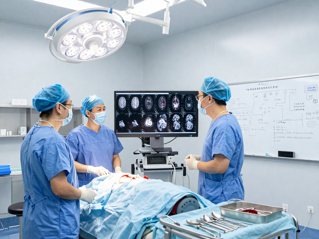 Beyin tümörü ameliyatı preparation scene with surgical team discussing patient details in a sterile operating room.