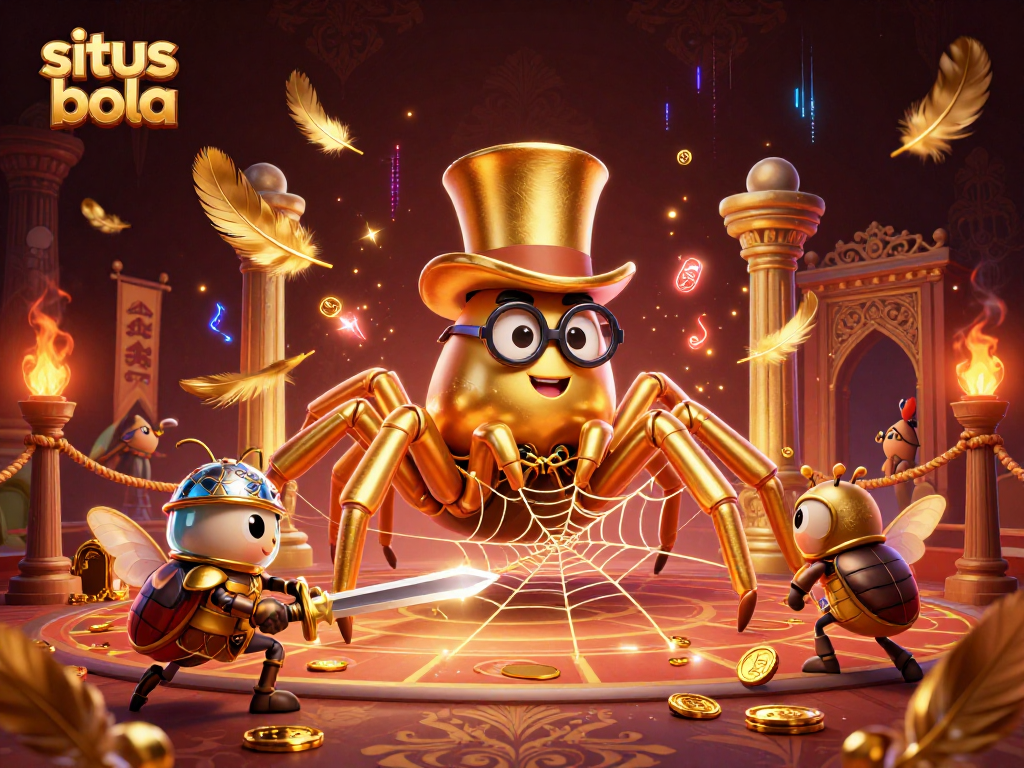 Watch a golden tarantula weave a web of fortune at situs bola amid sparkling coins and thrilling atmosphere.