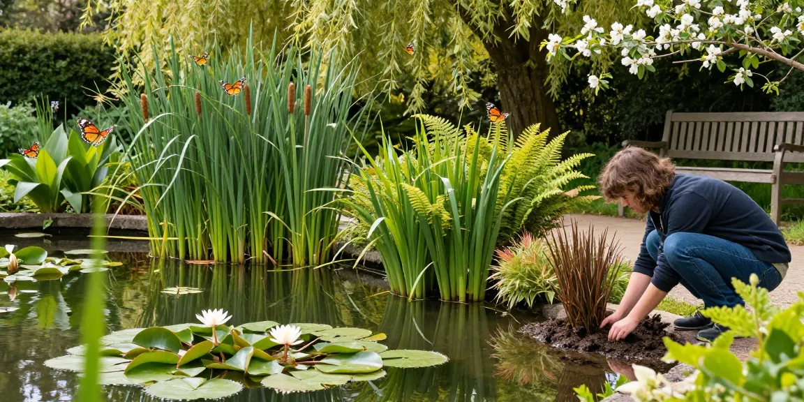 Beautiful British pond plants growing around the water with a person planting a water lily.