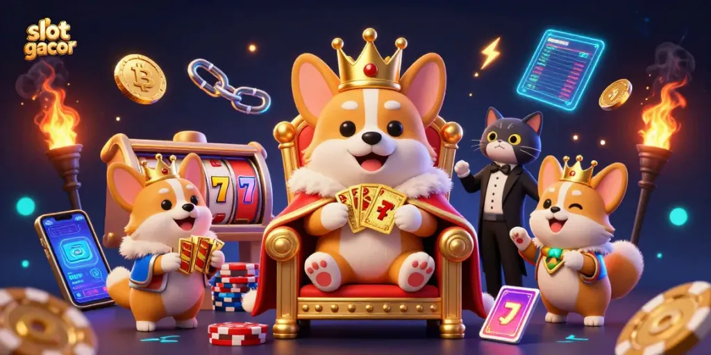 Engaging slot gacor scene with animated corgi royalty, slot reels, and vibrant crypto elements.