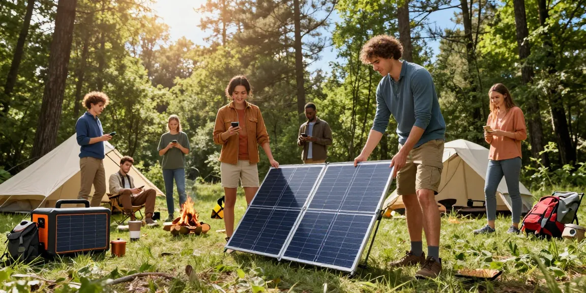 Group enjoying foldable solar panel charging devices while camping in a forest setting