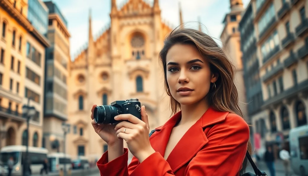 Scorci di un book fotografico Milano con un modello in posa accanto al Duomo.