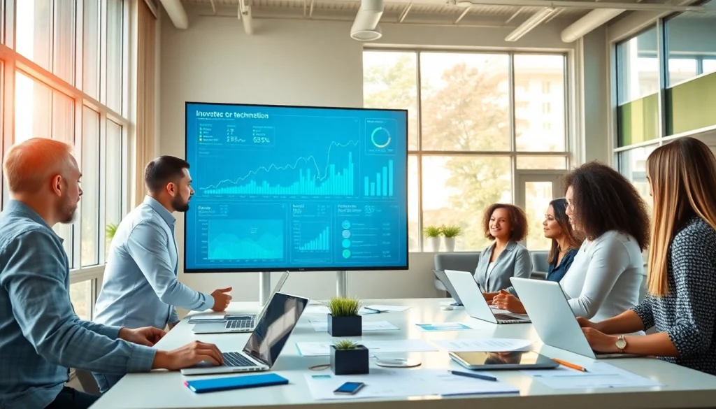 Team collaborating on innovative technology projects, showcasing data analysis in a bright setting.