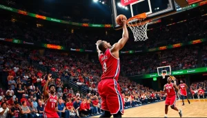 nba중계 장면에서 선수들이 강력한 덩크를 하는 모습