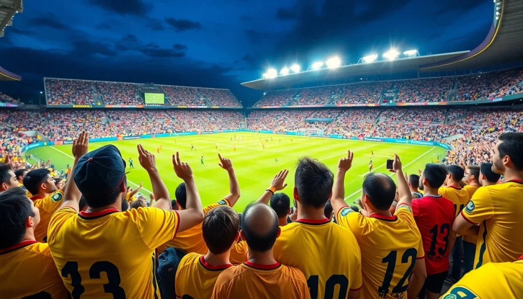 축구중계에서 열띤 응원을 보내는 팬들의 모습과 역동적인 경기 장면