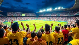 축구중계에서 열띤 응원을 보내는 팬들의 모습과 역동적인 경기 장면