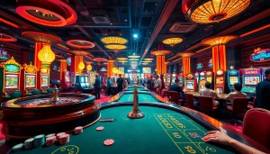 Thrill seekers enjoying mm88 video gaming with vibrant slot machines and poker tables.