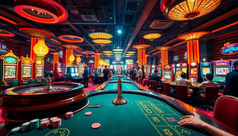 Thrill seekers enjoying mm88 video gaming with vibrant slot machines and poker tables.