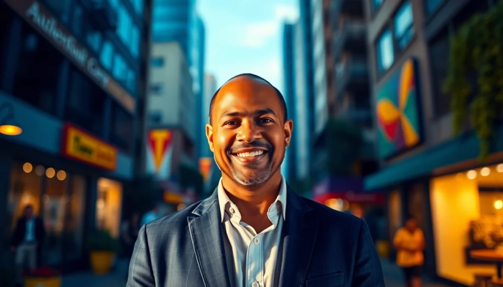 Leroy Silver radiates warmth and confidence in his portrait set against an inviting urban backdrop.