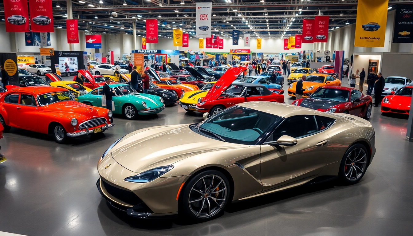 Visitors enjoying the vibrant Auto Cars Show, showcasing various car models on display.