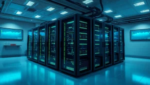 Best cloud mining setup with advanced servers and cryptocurrency data displays in a modern data center.