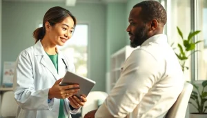 Health advisor engaging with a patient in a modern clinic, promoting wellness.