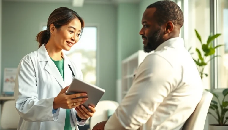Health advisor engaging with a patient in a modern clinic, promoting wellness.