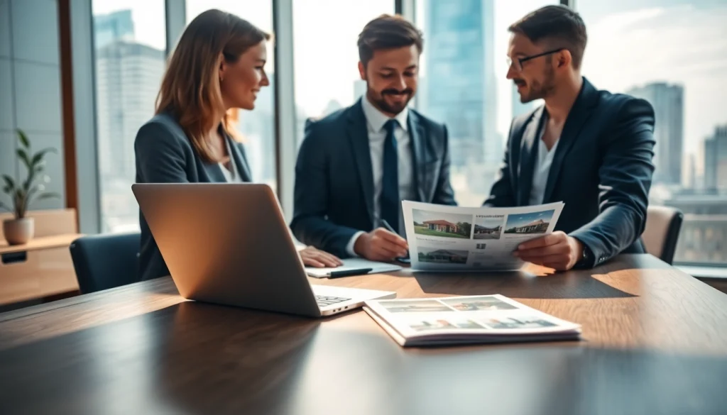 Real Estate agent presenting property listings in a modern office with natural lighting.