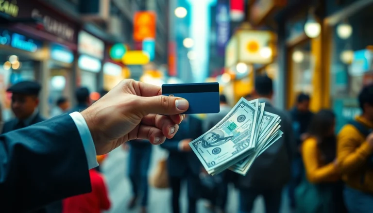 카드깡 행위로 현금을 교환하는 모습과 긴장감 있는 환경을 보여줍니다.