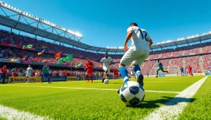 축구중계에서 선수들이 화려한 경기를 펼치는 경기장 모습