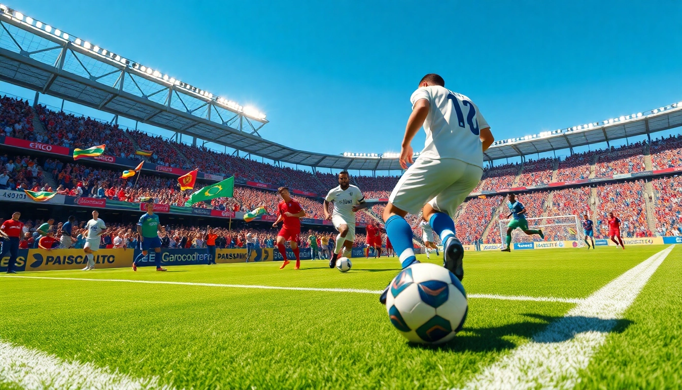 축구중계에서 선수들이 화려한 경기를 펼치는 경기장 모습