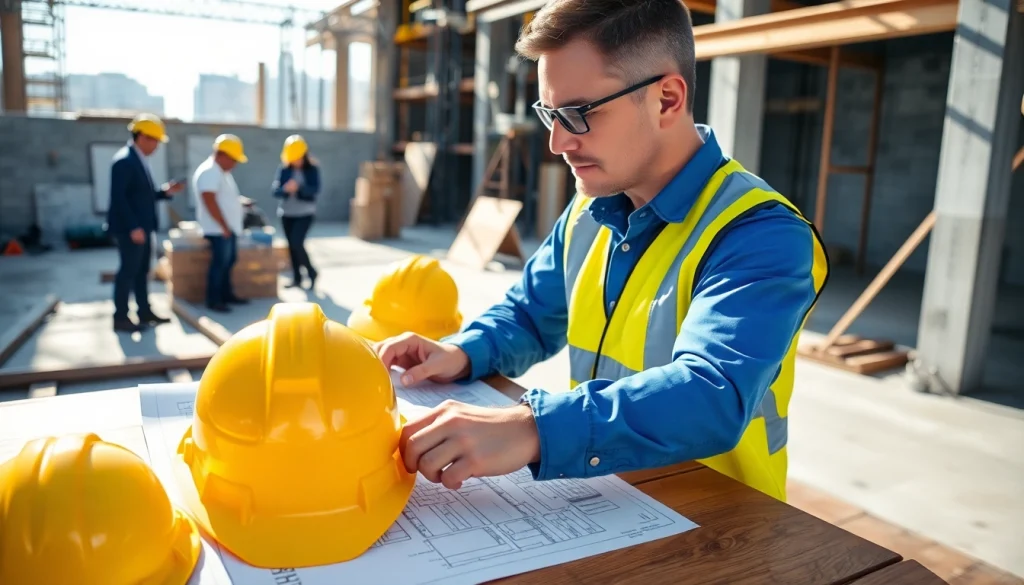 Manhattan Construction Manager coordinating a project with a blueprint and team members on site.