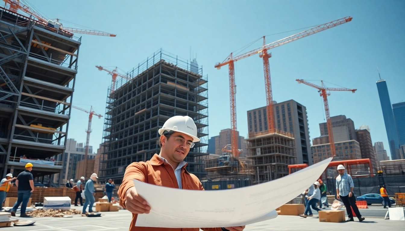 New York City Commercial General Contractor collaborating on a bustling construction site showcasing innovation.