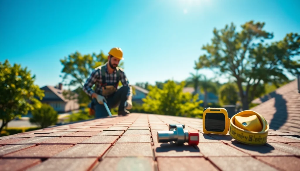 Showcasing professional roofing services with a skilled roofer applying shingles on a bright day.