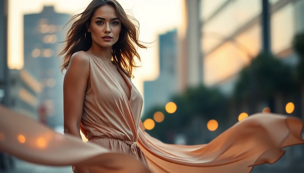 Showcase of Rivelle elegant fashion garment in an urban setting.