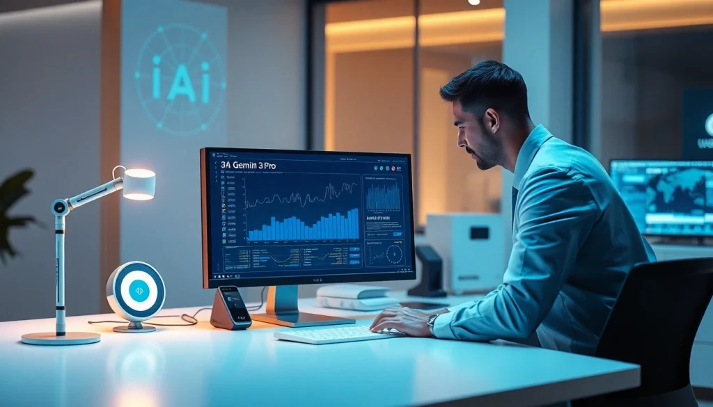 Showcasing the Gemini 3 Pro interface in a modern workspace, reflecting advanced AI technology.