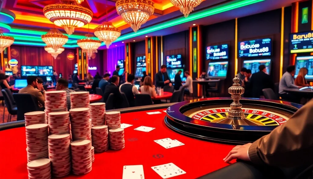 Babu88 players enjoying high-stakes poker at an upscale casino with vibrant lights and dynamic action.