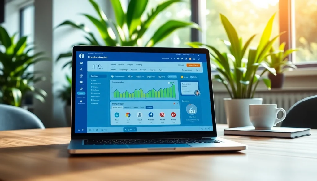 Engaging Facebook SMM panel interface on a laptop showcasing analytics in a vibrant workspace.