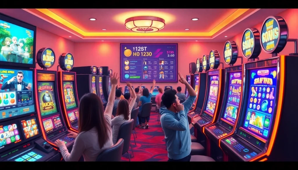 Exciting online gaming scene showcasing hoki138 pro slot machines with vibrant colors and enthusiastic players.