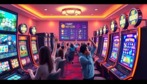 Exciting online gaming scene showcasing hoki138 pro slot machines with vibrant colors and enthusiastic players.